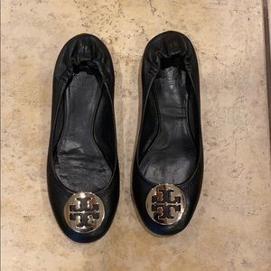 Tory Burch Black Reva Flats with Gold logo